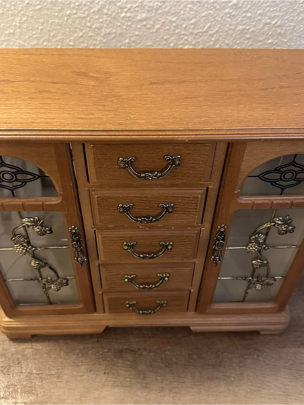 Wooden Jewelry Box with Decorative Glass Doors and Metal Accents 13”Tall 15 Wide
